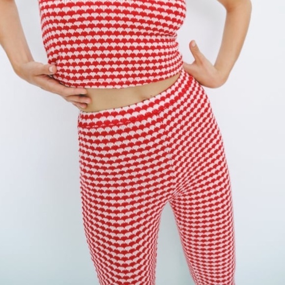 Zara Red White Knit High Waist Flare Leg Pants Trousers - Picture 1 of 8